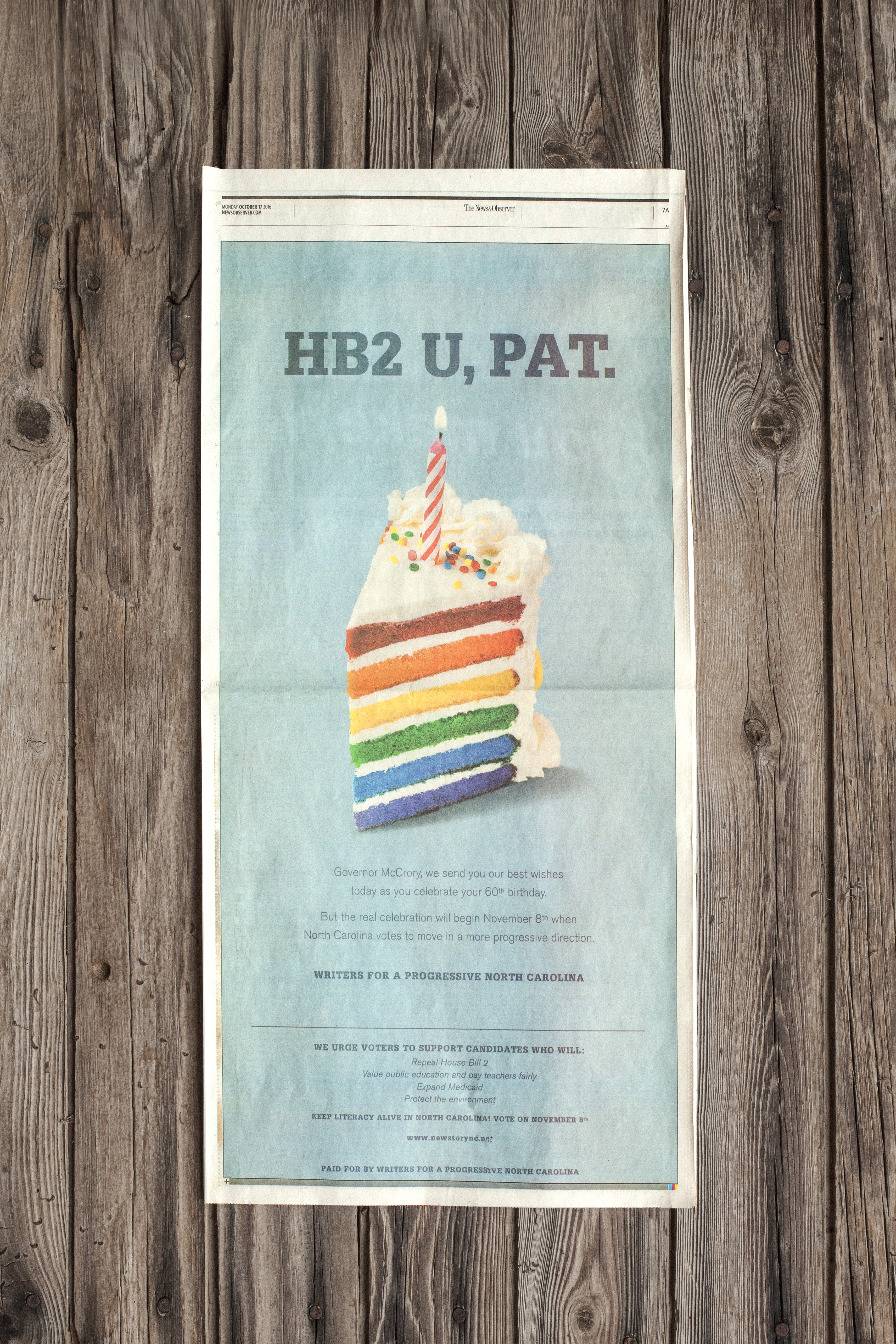 Special Judges' Award: “HB2 U, Pat” by BooneOakley (Newspaper Advertising - Full Page)